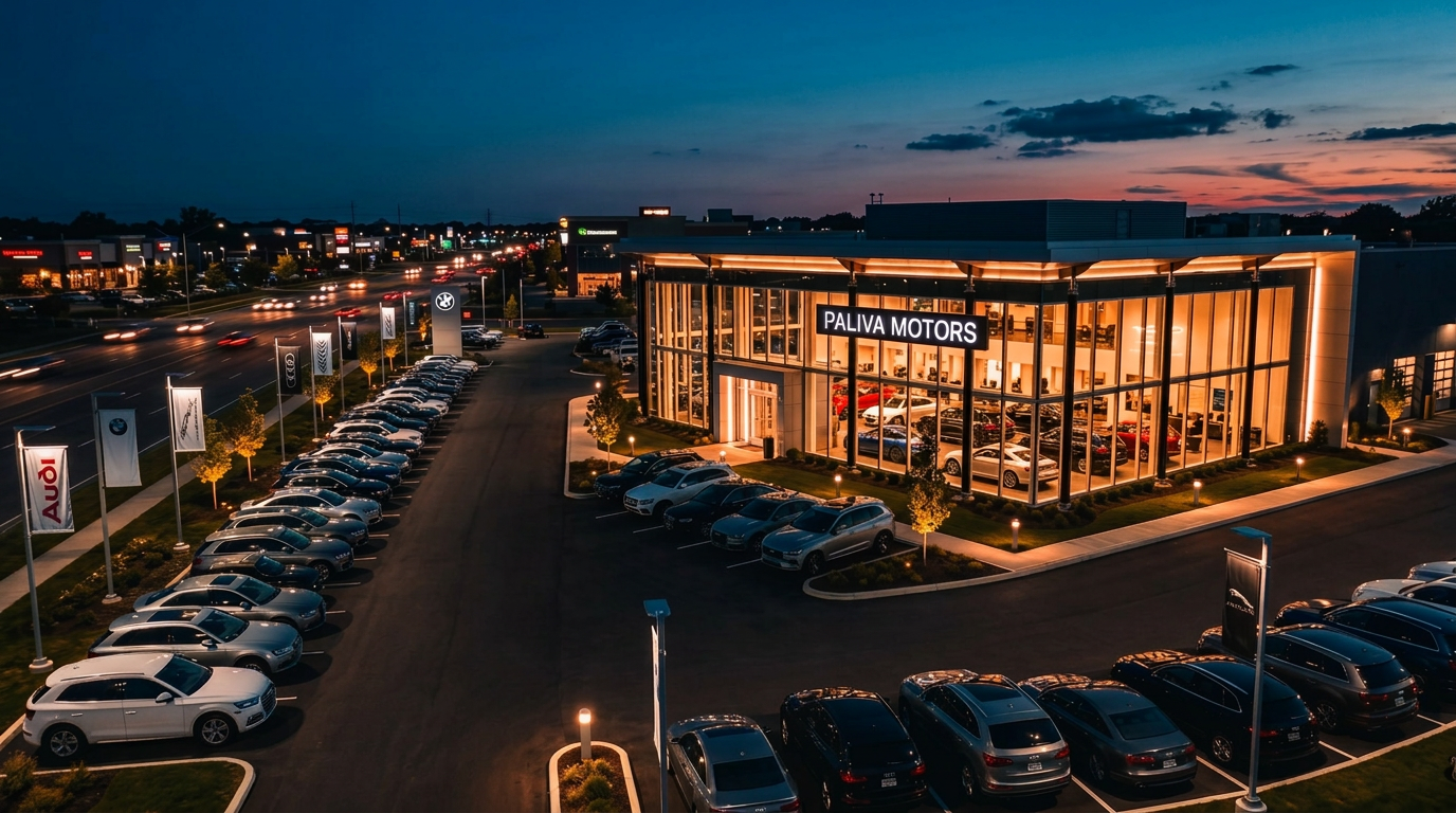 Exteriér autosalonu PalivaMotors za soumraku